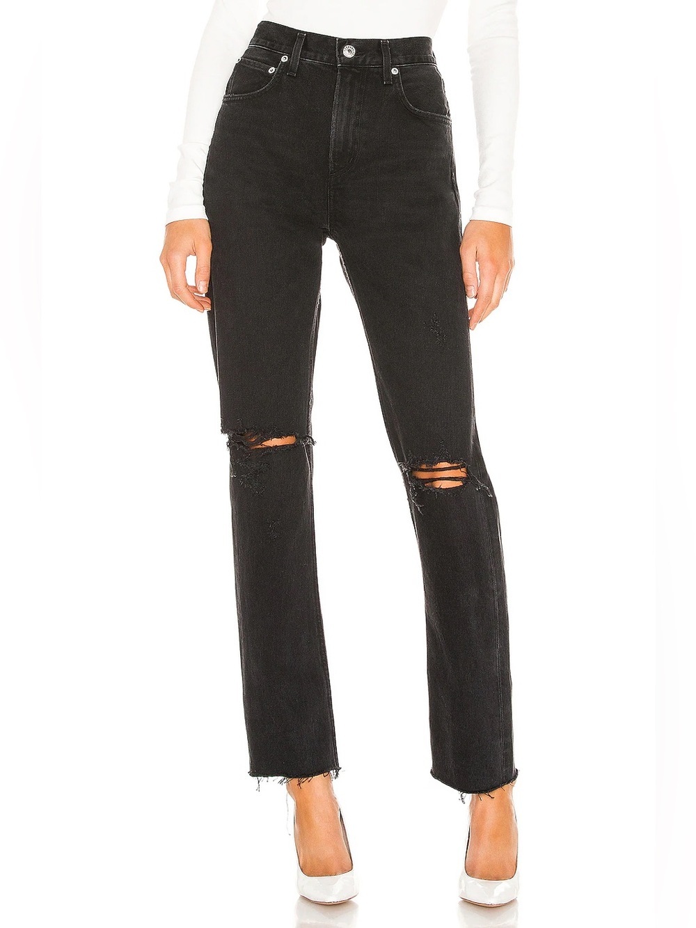 AGOLDE Cherie High-Rise Straight Jeans in a Black Wash with Distressed Knees, 29